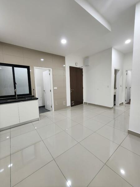 Kitchen features: black countertop, white cabinetry, single-bowl stainless-steel sink, chrome pull-down faucet, tile backsplash, ceramic tile flooring, window with black frame, recessed downlights; style: modern. Room features: white painted walls, ceramic tile flooring, doorway to bathroom, doorway to hallway, recessed downlights; style: modern.