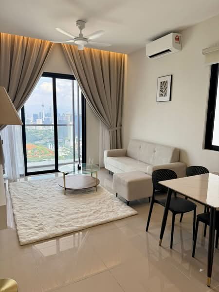 Living features: 3-seater fabric sofa in beige, coffee table with glass top, area rug with fluffy texture, floor-to-ceiling windows, sheer curtains, wall-mounted split AC, ceiling fan, decorative wall art, light-colored walls, glossy tile flooring; style: modern; view: city.