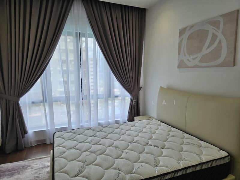 Bedroom features: queen-size bed, upholstered headboard, floor-to-ceiling windows, sheer curtains, dark brown wooden flooring, decorative wall art, light grey painted walls, built-in wardrobe; style: modern; view: city.