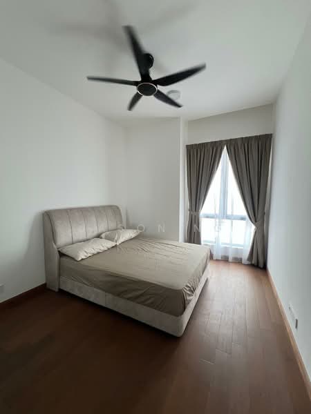 Bedroom features: queen-size bed, upholstered headboard, 5-blade ceiling fan, floor-to-ceiling windows, sheer curtains, wooden flooring, neutral wall color, natural light; style: modern.