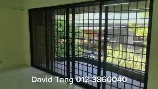 Room features: large sliding glass doors, black metal grille, white walls, light-colored flooring, natural light from outside, view of greenery; style: modern; view: garden.