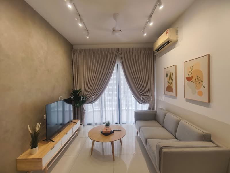 Living features: light grey fabric sofa, round wooden coffee table, wall-mounted TV, white TV console with wooden legs, floor-to-ceiling windows, sheer curtains, recessed LED downlights, split air conditioning unit, decorative wall art, cream painted walls, glossy tile flooring, indoor plant; style: modern; view: city.