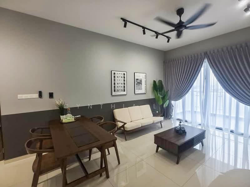 Living features: 3-seater fabric sofa in white, wooden coffee table, dining table with 4 chairs, floor-to-ceiling windows, sheer curtains, grey painted walls, recessed LED downlights, 5-blade ceiling fan, decorative wall art, indoor plant; style: modern.