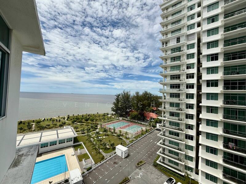 Exterior type: high-rise condominium; features: swimming pool deck, tennis court, landscaped garden, manicured lawn, parking lot, sea view, multiple-storey building, balconies on upper floors; style: modern.