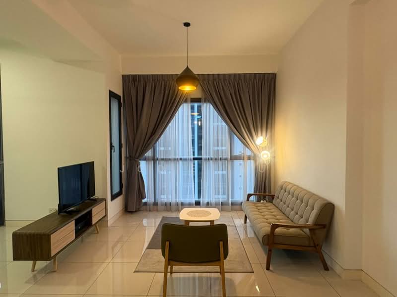 Living features: 3-seater fabric sofa in beige, wooden armchair with green upholstery, round coffee table, TV console with wooden finish, wall-mounted TV, floor-to-ceiling windows, sheer curtains, recessed downlights, pendant light, glossy tile flooring, neutral painted walls, decorative wall sconce; style: modern; view: city.