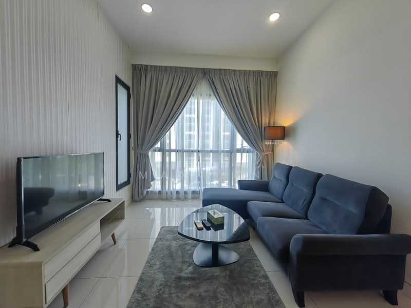 Living features: grey fabric sofa, round glass coffee table, TV console with storage, wall-mounted TV, floor-to-ceiling windows, sheer curtains, blackout curtains, recessed downlights, decorative wall paneling, laminate flooring; style: modern; view: city.