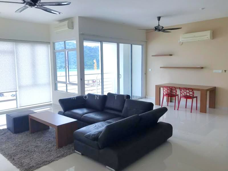 Living features: black leather sectional sofa, coffee table, area rug, 2 ceiling fans, floor-to-ceiling windows, sliding glass door, dining table with 4 red chairs, white walls, light-colored flooring, shelf unit on wall; style: modern; view: sea.