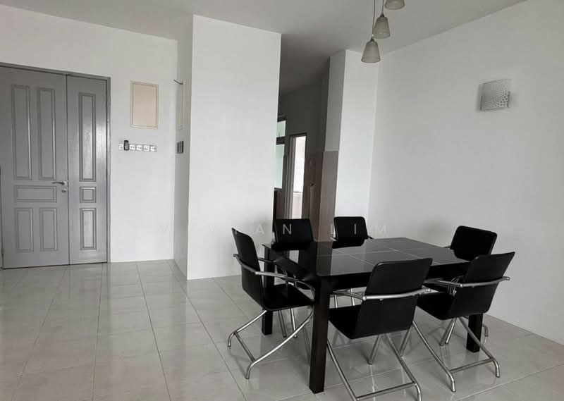 Dining features: black dining table, 6 black dining chairs, white painted walls, glossy tile flooring, 3 pendant lights, grey door, window with natural light, wall-mounted light fixture; style: modern.