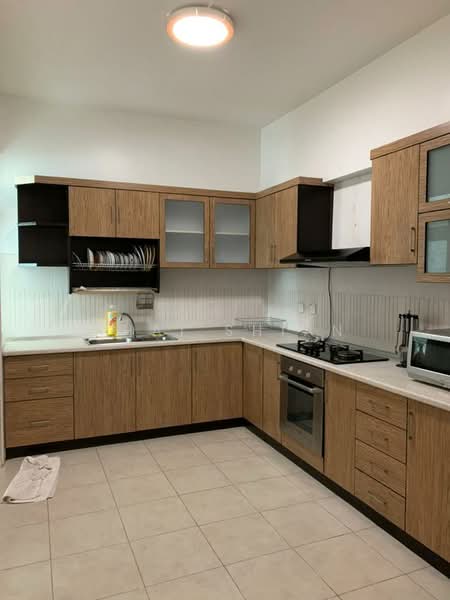 Kitchen features: wood cabinetry with glass-front upper cabinets, white countertop, stainless-steel sink, chrome pull-down faucet, 4-burner gas hob, built-in oven, microwave, ceramic tile flooring, white tiled backsplash, open shelving, dish rack, kitchen towels; style: modern.
