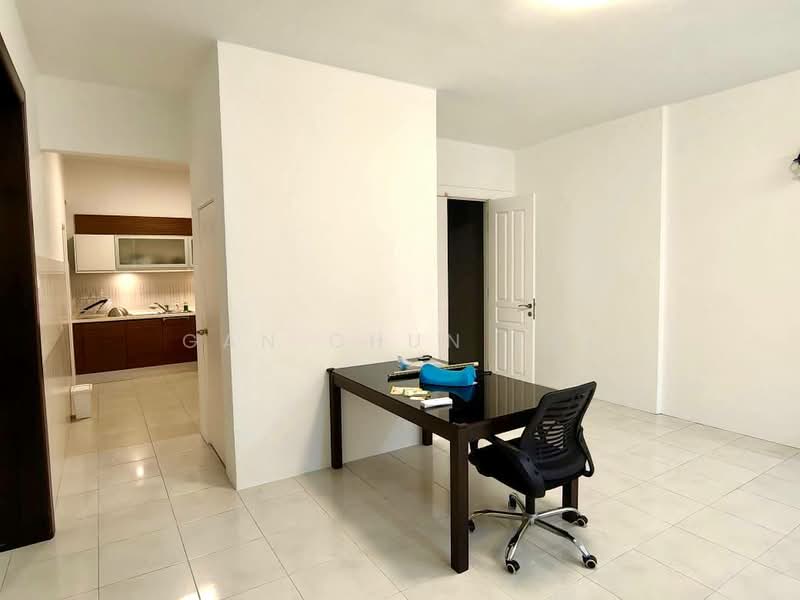 Room features: white painted walls, tile flooring, single wall with no features, desk with black surface, black office chair, open layout, kitchen visible in background, bright lighting; style: modern.
