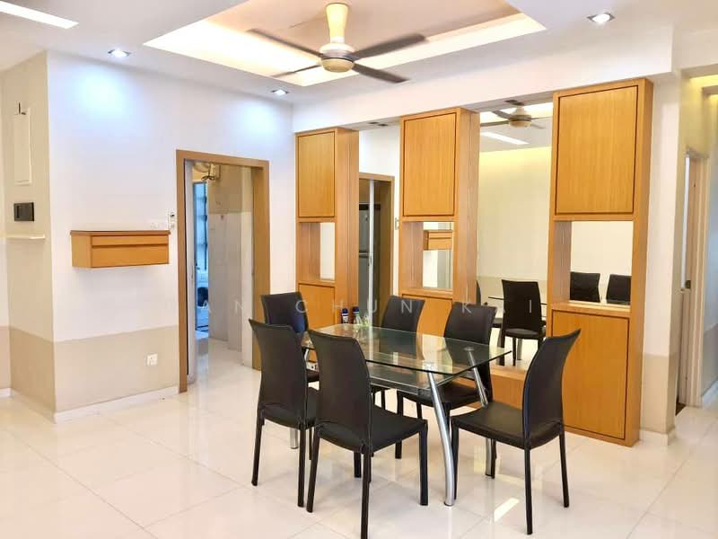 Dining features: glass dining table with metal legs, 6 black upholstered dining chairs, wood cabinetry with mirrors, white painted walls, recessed ceiling lights, ceiling fan with light, tile flooring, wall-mounted mailbox, open layout to adjacent room; style: modern.