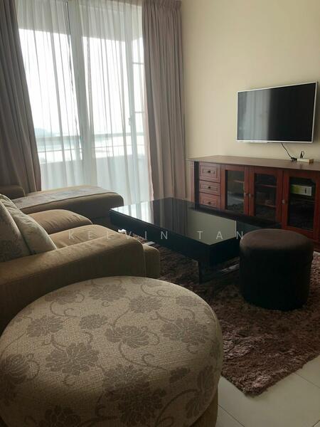 Living features: 3-seater fabric sofa in beige, round coffee table with black surface, TV console with wooden finish, wall-mounted flat-screen TV, area rug with plush texture, floor-to-ceiling windows with sheer curtains, light-colored walls, decorative ottoman in dark fabric; style: modern; view: city.