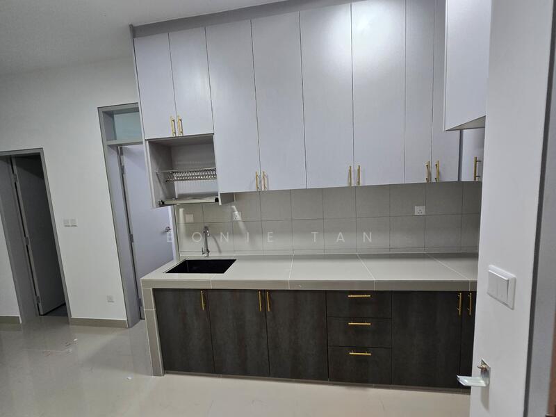 Kitchen features: white upper cabinets with gold handles, dark wood lower cabinets with gold handles, grey tiled backsplash, white countertop, single-bowl stainless-steel sink, chrome pull-down faucet, built-in shelving above sink, recessed downlights, polished tile flooring; style: modern.