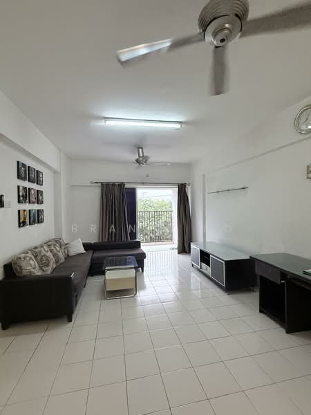 Living features: 3-seater fabric sofa in dark grey, coffee table, TV console, wall-mounted TV, ceiling fan, recessed ceiling lights, white painted walls, white tile flooring, sliding glass door, curtains, decorative wall art, open view from window; style: modern; view: garden.