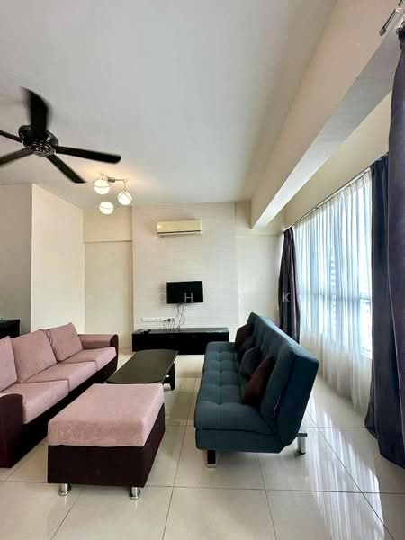 Living features: 3-seater fabric sofa in pink, 2-seater fabric sofa in dark brown, black coffee table, wall-mounted TV, white tiled flooring, ceiling fan with light, air conditioning unit, floor-to-ceiling windows with sheer curtains, decorative wall with white paneling; style: modern.