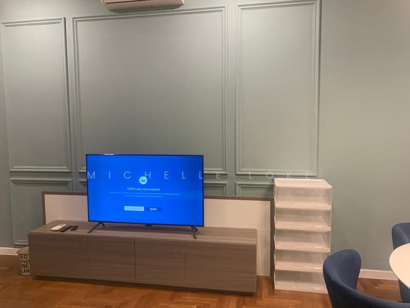 Living features: light blue painted walls, wooden flooring, wall-mounted air conditioning unit, TV console in light wood, flat-screen TV, remote control on console, decorative wall paneling, white shelving unit, round dining table, upholstered dining chairs; style: modern.