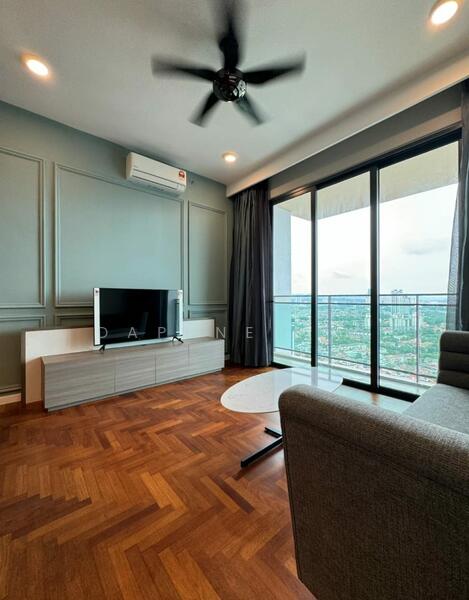 Living features: grey fabric sofa, 3-blade ceiling fan, wooden flooring, white TV console, wall-mounted TV, floor-to-ceiling windows, curtains, city view, air conditioning unit; style: modern; view: city.