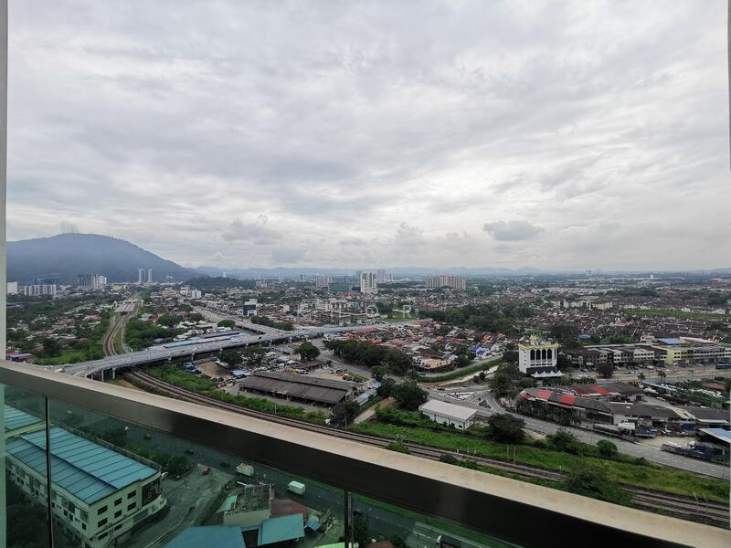 Exterior type: high-rise condominium; features: city skyline view, surrounded by urban landscape, mountain view in background, glass railing on balcony, multiple buildings visible, highway in foreground; style: modern.