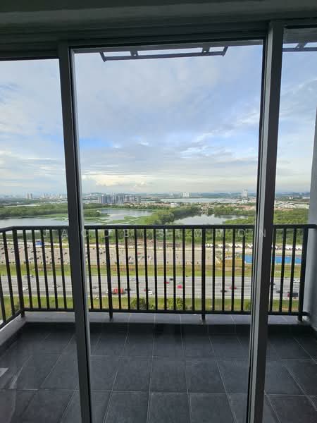 Room features: floor-to-ceiling sliding glass doors, grey tiled flooring, metal railing, city skyline view, open balcony space; style: modern; view: city.
