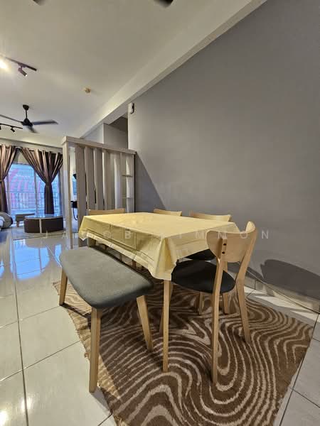 Dining features: 6-seater dining table with yellow tablecloth, 4 wooden dining chairs, grey upholstered bench seating, area rug with geometric pattern, white walls, grey accent wall, ceiling fan with light, large windows with sheer curtains, polished tile flooring; style: modern.