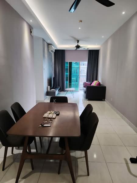 Living features: grey painted walls, white ceiling with recessed lighting, 5-blade ceiling fan, floor-to-ceiling windows, sliding glass door, blackout curtains, light-colored tile flooring, sofa in dark color, coffee table, TV console, dining table with 6 chairs; style: modern; view: city.