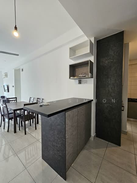 Kitchen features: grey stone countertop, open shelving above countertop, black cabinetry, white walls, tile flooring, recessed downlights, pendant light, stainless-steel appliances, dining area with wooden dining table and chairs; style: modern.