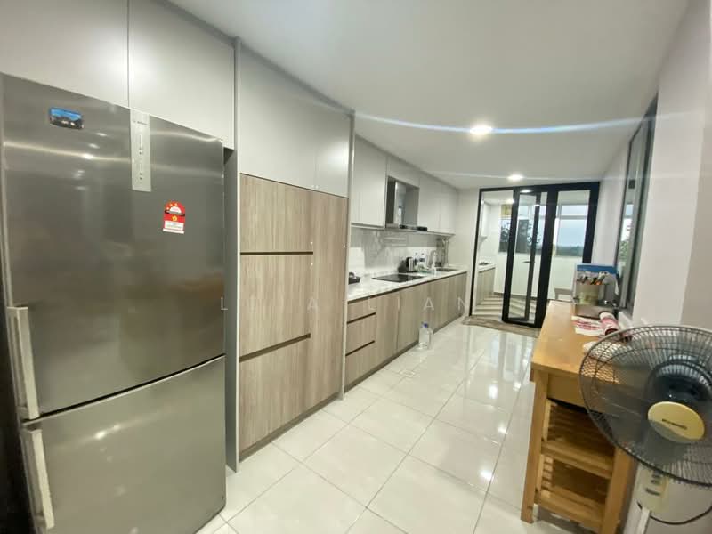 Kitchen features: stainless-steel fridge, wood cabinetry, white countertop, ceramic tile flooring, built-in oven, freestanding range oven, double-bowl stainless-steel sink, chrome pull-down faucet, window with view, kitchen island, ceiling lights, wall-mounted fan; style: modern.