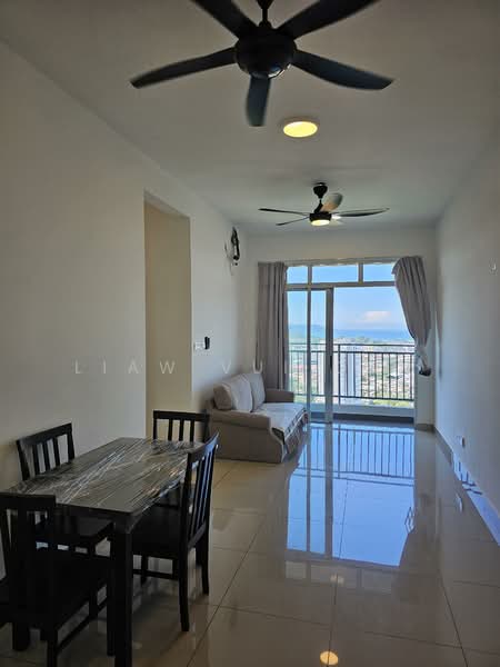 Living features: floor-to-ceiling windows, sliding glass door, grey fabric sofa, 3-blade ceiling fan, recessed LED downlights, dining table for 4, black dining chairs, glossy tile flooring, curtains, city view; style: modern; view: city.