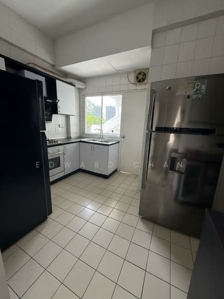 Kitchen features: black refrigerator, stainless-steel fridge, white tiled walls, black and white cabinetry, ceramic tile flooring, single-bowl stainless-steel sink, chrome pull-down faucet, built-in gas hob, exhaust hood, window with city view, wall-mounted air conditioning unit; style: modern; view: city.