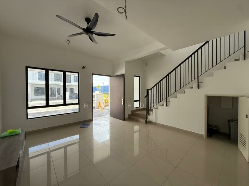 Living features: large floor-to-ceiling windows, white painted walls, polished ceramic tile flooring, 5-blade ceiling fan, open layout, staircase with black railing, door leading outside, built-in storage under stairs; style: modern; view: garden.