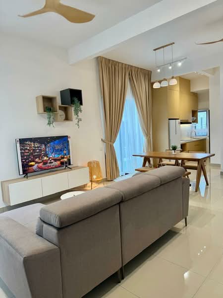 Living features: 3-seater fabric sofa in grey, wall-mounted TV, TV console in white, decorative lamp, area rug, 5-blade ceiling fan, recessed LED downlights, large window with sheer curtains, light wood shelving unit, dining table with wooden chairs; style: modern. Kitchen features: kitchen cabinets in light wood, white refrigerator, countertop with space for appliances, open layout to living area; style: modern.