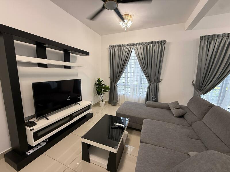Living features: L-shape sectional sofa in grey, black and white coffee table, wall-mounted TV, TV console in white and black, 5-blade ceiling fan with light, curtains in grey, floor-to-ceiling windows, ceramic tile flooring, decorative plant in ceramic pot, chandelier; style: modern; view: city.