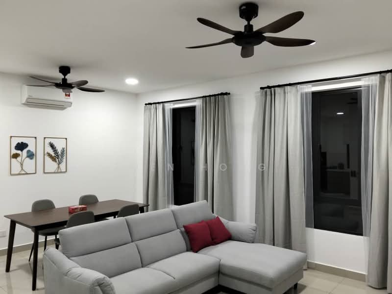 Living features: 3-seater fabric sofa in light grey, red accent cushion, 2-blade ceiling fan, wall-mounted split AC, floor-to-ceiling windows, sheer curtains, grey blackout curtains, light-coloured tiled flooring, decorative wall art with botanical prints, dining table with 4 chairs; style: modern.