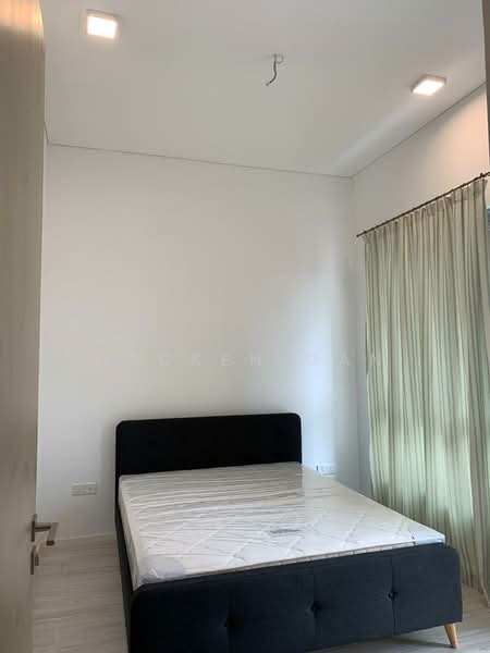 Bedroom features: queen-size bed frame without mattress, white painted walls, light-colored flooring, curtains with sheer fabric, recessed LED downlights, single light fixture on ceiling, window with view to outside, built-in wardrobe; style: modern.