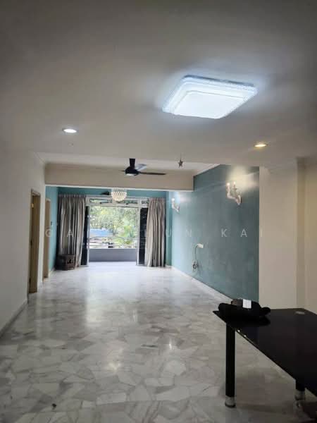 Living features: marble flooring, blue accent wall, white painted walls, 5-blade ceiling fan with light, recessed ceiling lights, floor-to-ceiling windows, sheer curtains, wall sconces, dining table, open layout; style: modern; view: garden.
