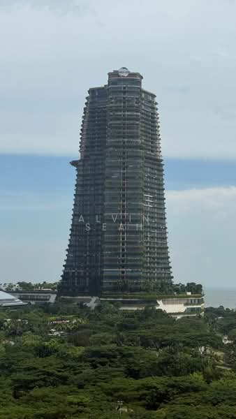 Exterior type: high-rise condominium; features: glass curtain wall, greenery surrounding the building, multiple balconies, curved architectural design, landscaped grounds, sea view in background; style: modern.