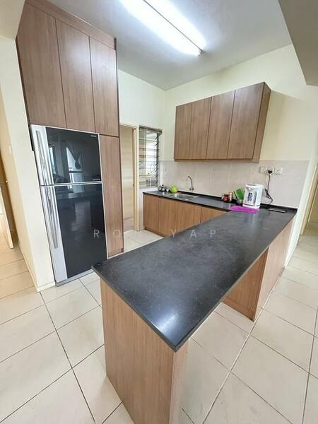 Kitchen features: black granite countertop, wood cabinetry, stainless-steel fridge, built-in sink, single-bowl stainless-steel sink, chrome pull-down faucet, ceramic tile flooring, recessed ceiling lights, window with blinds, kitchen island with seating, wall-mounted cabinets; style: modern.