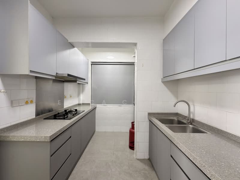 Kitchen features: grey cabinetry, granite countertop, double-bowl stainless-steel sink, chrome pull-down faucet, built-in gas hob, white tiled walls, grey tile flooring, window with roller blinds, exhaust hood; style: modern.
