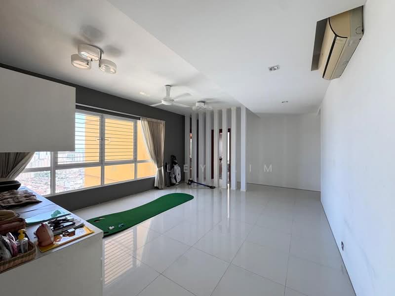 Living features: white painted walls, grey accent wall, polished ceramic tile flooring, 5-blade ceiling fan with light, recessed downlights, floor-to-ceiling windows, sheer curtains, air conditioning unit, putting green area, open layout; style: modern; view: city.