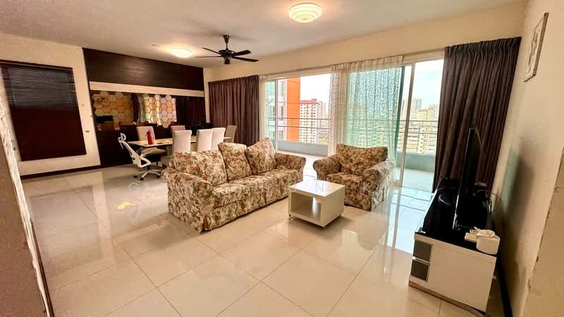 Living features: floral-patterned fabric sofa, 2-seater fabric sofa, coffee table, TV console, wall-mounted TV, floor-to-ceiling windows, curtains, ceiling fan, marble tile flooring, decorative wall panel, dining area with white dining chairs, open layout; style: modern; view: city.