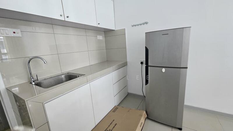 Kitchen features: single-bowl stainless-steel sink, chrome pull-down faucet, grey laminate countertop, white cabinetry with flat-panel doors, stainless-steel fridge, ceramic tile backsplash, light grey tile flooring, wall-mounted storage rack; style: modern.