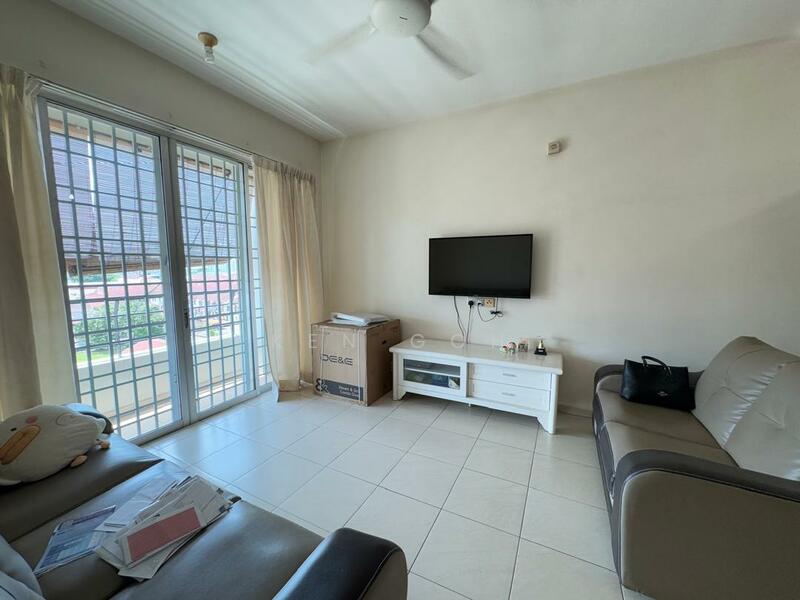 Living features: light-colored painted walls, white ceiling, ceiling fan, large sliding glass door, curtains, tile flooring, wall-mounted TV, white TV console, cardboard box, grey leather sofa, black handbag; style: modern; view: garden.