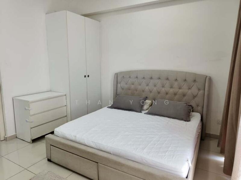 Bedroom features: queen-size bed, upholstered headboard, 2 decorative pillows, white bedding, white bedside table, 6-drawer white dresser, built-in wardrobe with sliding doors, tile flooring, neutral wall color, curtains; style: modern.
