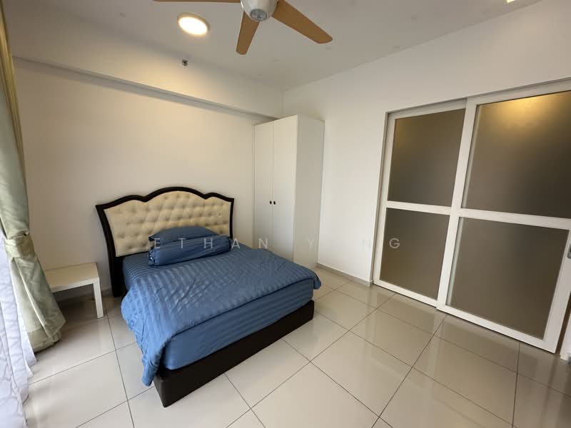 Bedroom features: queen-size bed with blue bedding, upholstered headboard, white bedside table, built-in wardrobe with sliding doors, cream curtains, ceiling fan, tile flooring, recessed ceiling light; style: modern.