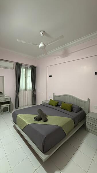 Bedroom features: king-size bed with grey bedding, upholstered headboard, 2 bedside tables, wall-mounted lamps, 5-blade ceiling fan with light, white painted walls, grey curtains, white tiled flooring, dressing table with mirror, window with sheer curtains; style: modern.