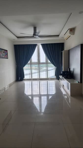 Living features: white painted walls, polished marble flooring, tray ceiling, 5-blade ceiling fan, floor-to-ceiling windows, dark blue curtains, TV console, wall-mounted TV, air conditioning unit; style: modern; view: city.