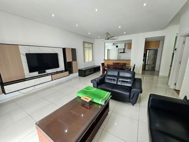 Living features: white painted walls, glossy ceramic tile flooring, recessed downlights, 5-blade ceiling fan, black leather 3-seater sofa, black leather 2-seater sofa, wooden coffee table, TV console with marble accents, wall-mounted TV, dining table with chairs visible in background; style: modern.