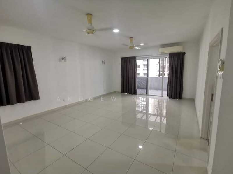 Living features: white painted walls, glossy ceramic tile flooring, 2 ceiling fans, 2 wall-mounted light fixtures, sliding glass door, floor-to-ceiling windows, dark brown curtains, air conditioning unit; style: modern.