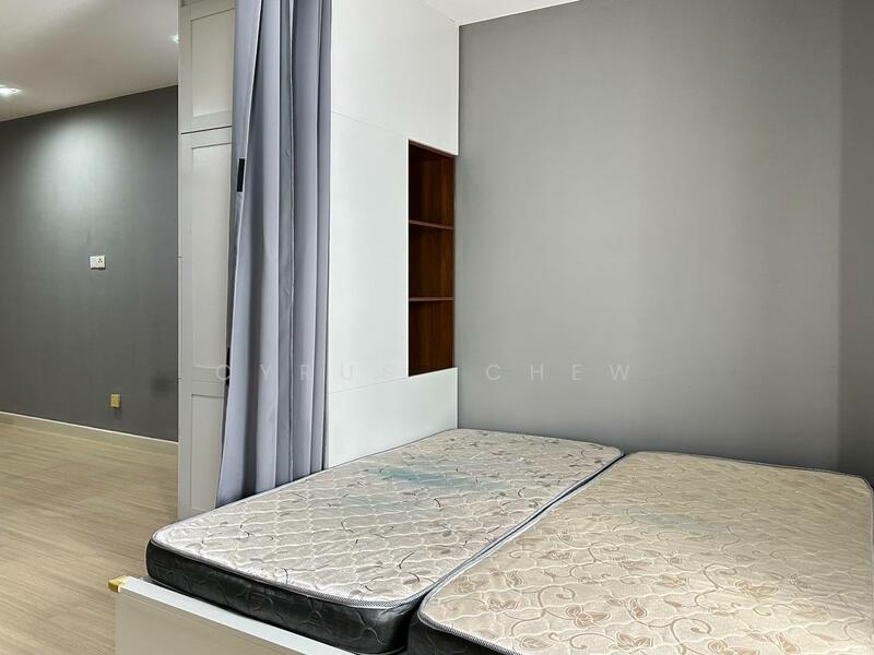 Room features: grey painted walls, light wood flooring, built-in shelving unit, curtains, two mattresses on bed frame, wall-mounted light fixtures; style: modern.