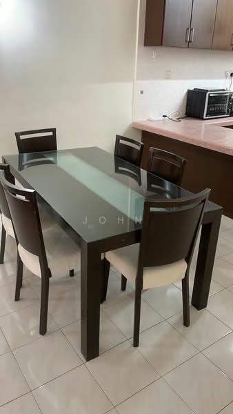 Dining features: glass-top dining table, 6-seater dining table, dark wood dining chairs, upholstered dining chairs in cream, white tiled flooring, kitchen cabinetry in dark wood, countertop in light color, microwave visible in background, built-in kitchen appliances, wall-mounted electrical outlets; style: modern.
